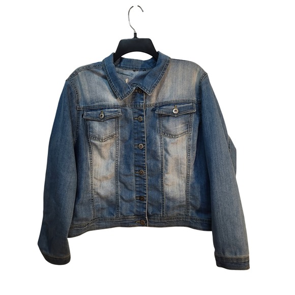 Floral Embroidered Denim Jacket Womens XL Blue Stretch Jean Boho RN149251 - Picture 3 of 6